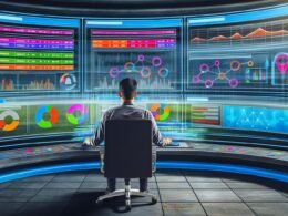 Marketer an futuristischem Kontrollzentrum mit Dashboards, Echtzeit-Marketingdaten und Analysen aus verschiedenen Kanälen