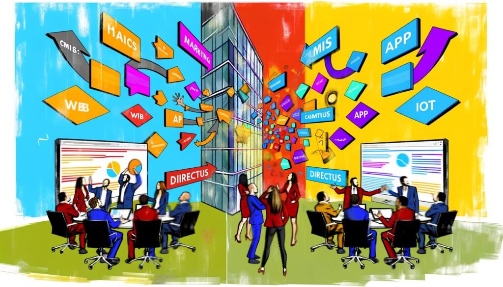 Splitscreen-Illustration mit lebhaft diskutierenden Marketing- und Entwicklerteams vor bunten API-Diagrammen und Directus-Logos; im Hintergrund gesprengte CMS-Monolithen und vernetzte digitale Kanäle.