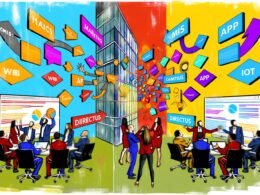 Splitscreen-Illustration mit lebhaft diskutierenden Marketing- und Entwicklerteams vor bunten API-Diagrammen und Directus-Logos; im Hintergrund gesprengte CMS-Monolithen und vernetzte digitale Kanäle.