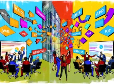 Splitscreen-Illustration mit lebhaft diskutierenden Marketing- und Entwicklerteams vor bunten API-Diagrammen und Directus-Logos; im Hintergrund gesprengte CMS-Monolithen und vernetzte digitale Kanäle.