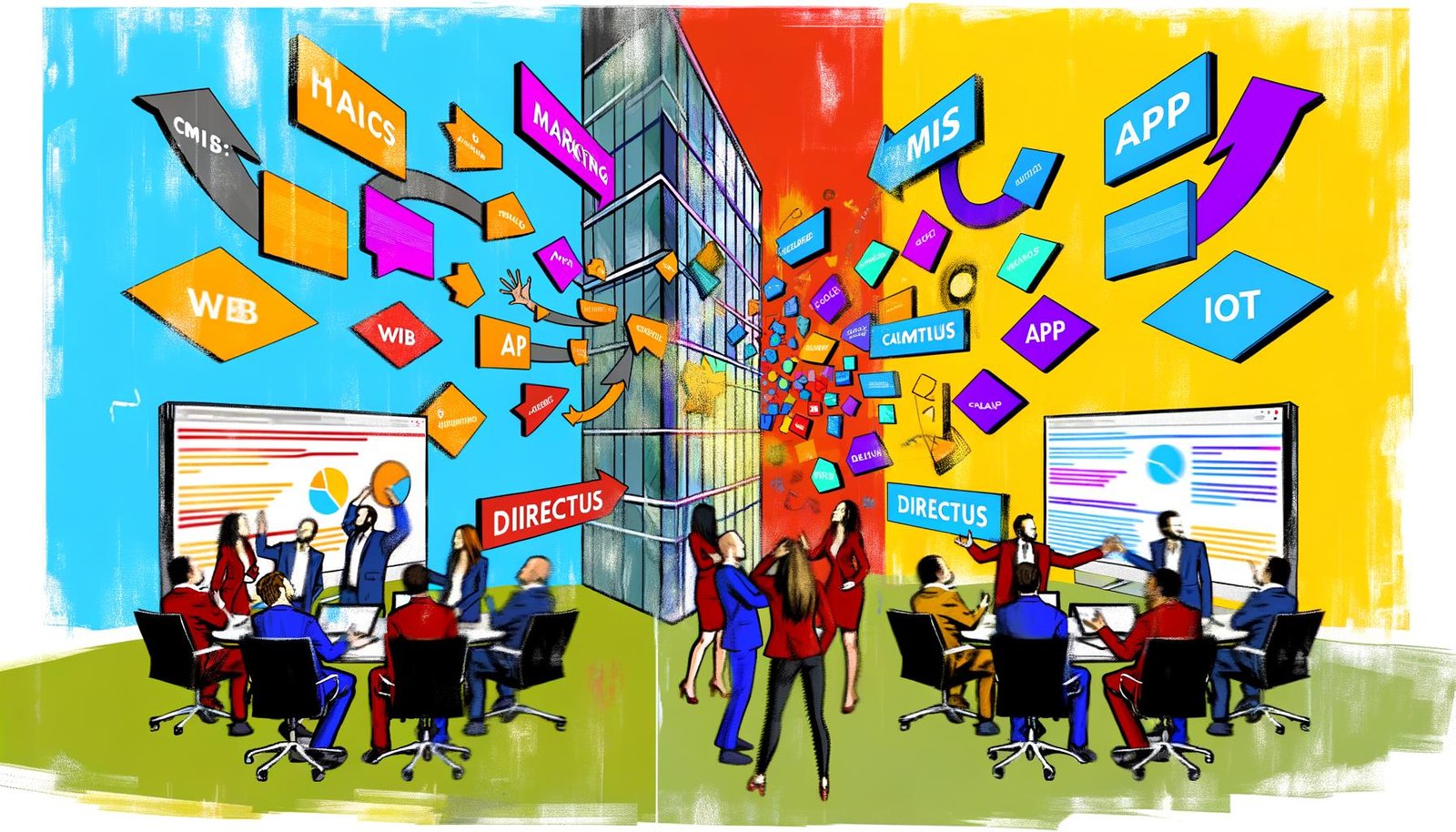 Splitscreen-Illustration mit lebhaft diskutierenden Marketing- und Entwicklerteams vor bunten API-Diagrammen und Directus-Logos; im Hintergrund gesprengte CMS-Monolithen und vernetzte digitale Kanäle.