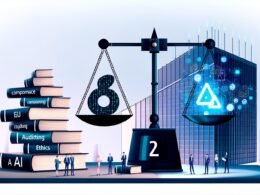 Modernes Editorial zeigt Waage mit europäischen KI-Gesetzen und Roboterarm, Berliner Regierungsgebäude im Hintergrund, Manager und Entwickler zwischen Dokumentenstapel und KI-Hologrammen.