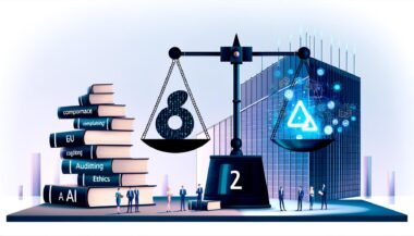 Modernes Editorial zeigt Waage mit europäischen KI-Gesetzen und Roboterarm, Berliner Regierungsgebäude im Hintergrund, Manager und Entwickler zwischen Dokumentenstapel und KI-Hologrammen.