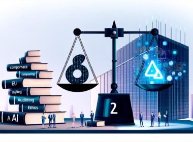 Modernes Editorial zeigt Waage mit europäischen KI-Gesetzen und Roboterarm, Berliner Regierungsgebäude im Hintergrund, Manager und Entwickler zwischen Dokumentenstapel und KI-Hologrammen.