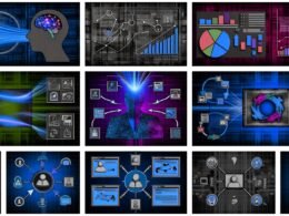 Collage aus mehreren Illustrationen: Serverumgebung mit blauen Datenströmen, dynamischer Benutzer-Silhouette, Dashboard mit Heatmaps und Analytics-Graphen, gestapeltes technisches Framework mit beschrifteten Layern, farbcodierter Workflow und metaphorischer Straßenszene zu SEO-Fallstricken, kontrastiert von alter und neuer SEO-Welt.