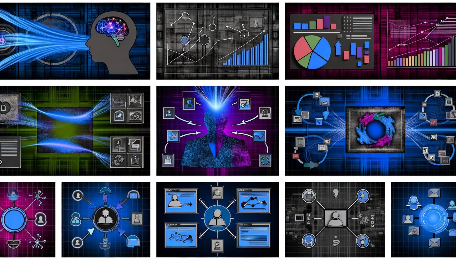 Collage aus mehreren Illustrationen: Serverumgebung mit blauen Datenströmen, dynamischer Benutzer-Silhouette, Dashboard mit Heatmaps und Analytics-Graphen, gestapeltes technisches Framework mit beschrifteten Layern, farbcodierter Workflow und metaphorischer Straßenszene zu SEO-Fallstricken, kontrastiert von alter und neuer SEO-Welt.