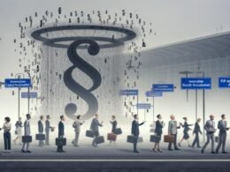 Businessleute mit Aktentaschen zwischen ineinander verschlungenen Paragraphenzeichen und KI-Wegweisern im nebligen Flughafen Berlin, im Hintergrund eine halbtransparente riesige KI-Maschine.