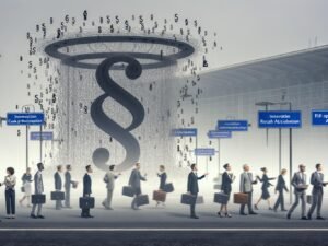 Businessleute mit Aktentaschen zwischen ineinander verschlungenen Paragraphenzeichen und KI-Wegweisern im nebligen Flughafen Berlin, im Hintergrund eine halbtransparente riesige KI-Maschine.