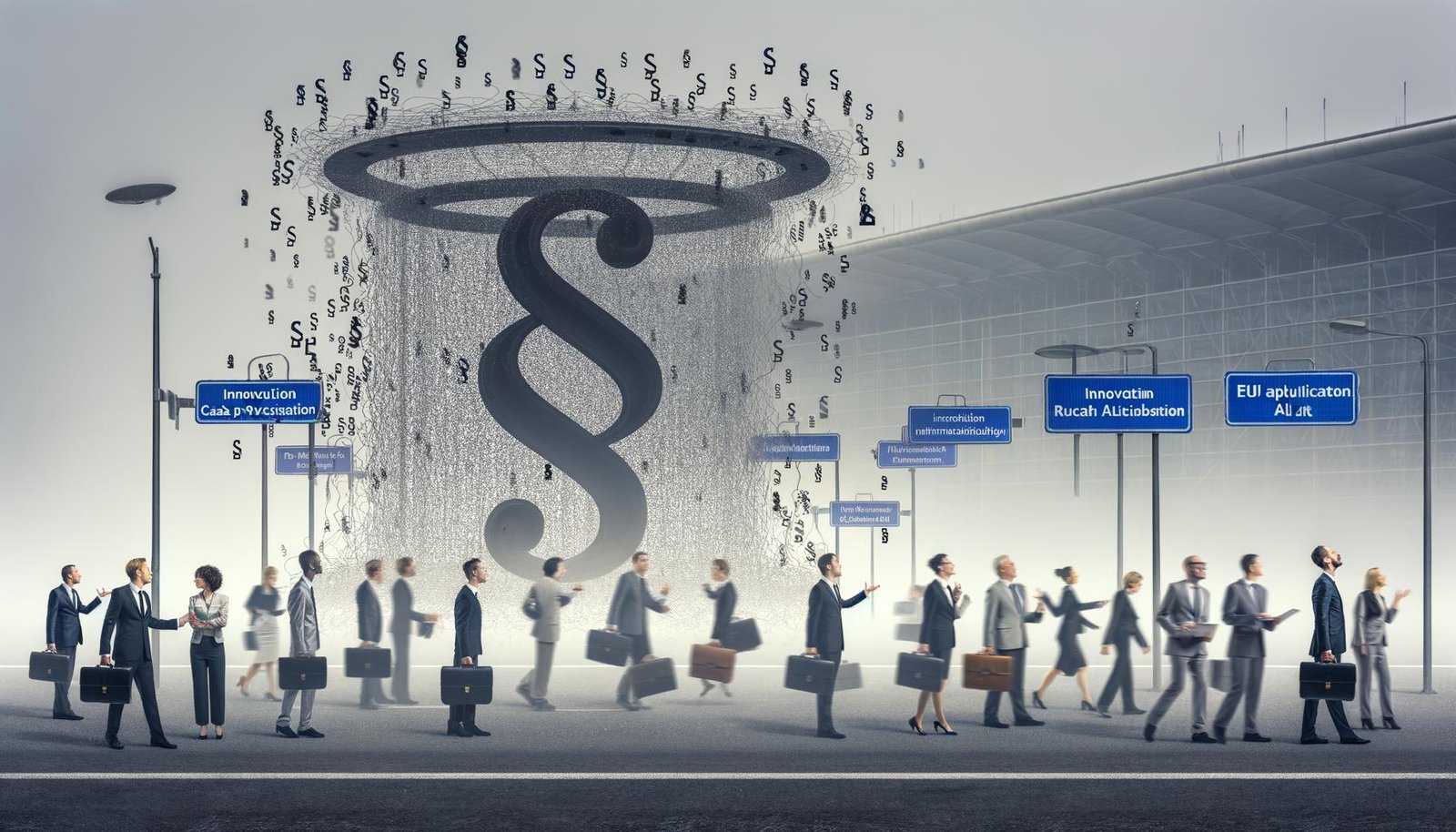 Businessleute mit Aktentaschen zwischen ineinander verschlungenen Paragraphenzeichen und KI-Wegweisern im nebligen Flughafen Berlin, im Hintergrund eine halbtransparente riesige KI-Maschine.