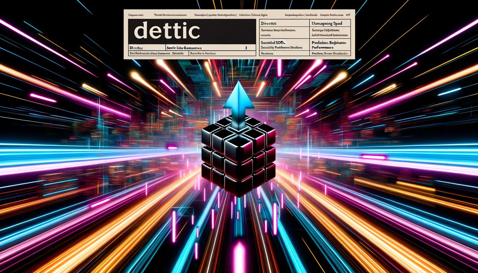 Cover-Illustration mit Directus-Icon, aus dem transparente HTML-Seiten explosionsartig auf eine schnelle Datenautobahn strömen, unter einem futuristischen Titel und umgeben von SEO-, Sicherheits- und Performance-Icons.