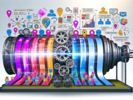 Moderne Illustration einer Content-Maschine mit Zahnrädern, Dateneingaben und personalisierten Ausgaben wie Webseiten, Apps und Newslettern, die technologiebasierte Individualisierung visualisiert.