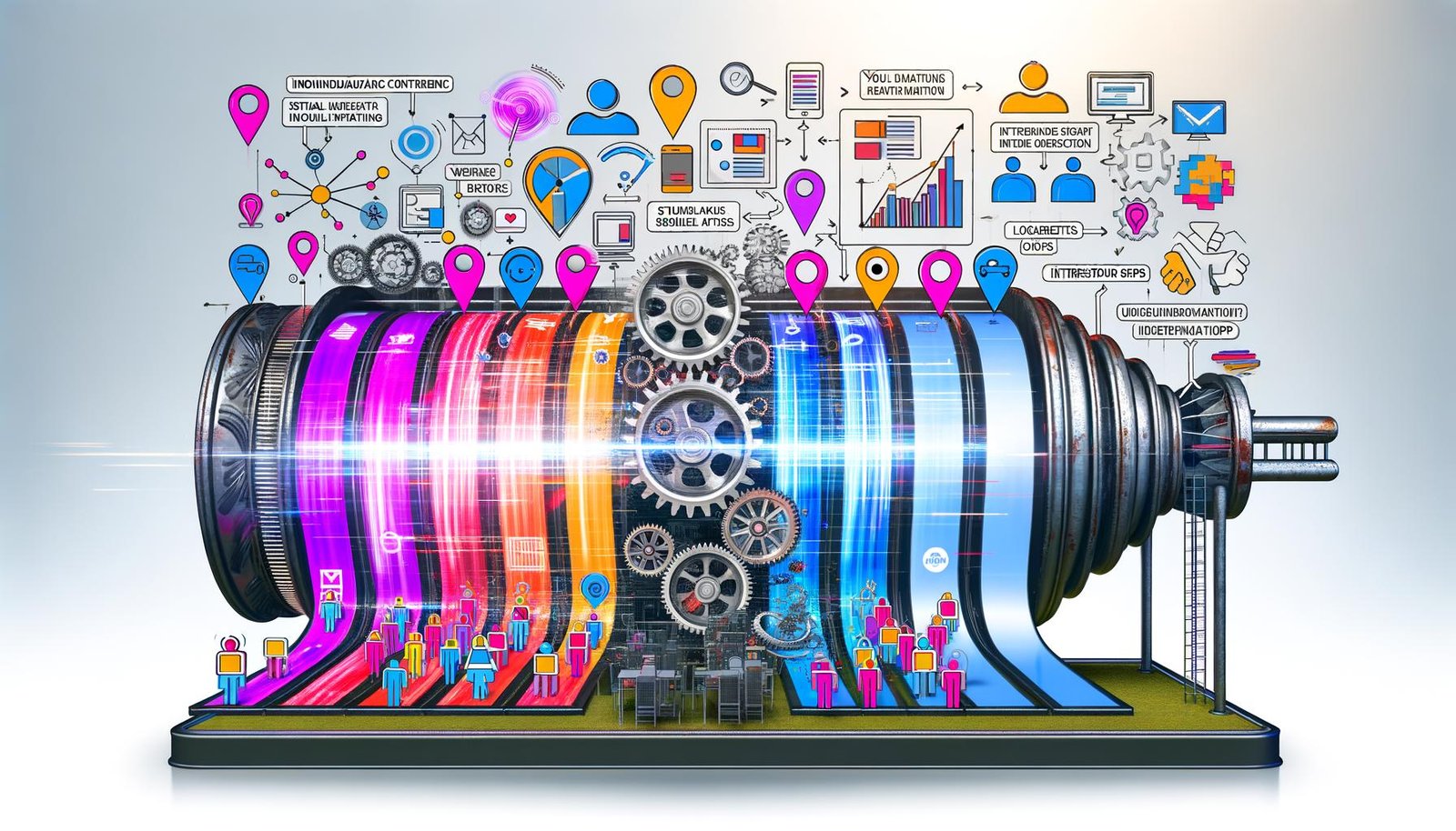 Moderne Illustration einer Content-Maschine mit Zahnrädern, Dateneingaben und personalisierten Ausgaben wie Webseiten, Apps und Newslettern, die technologiebasierte Individualisierung visualisiert.