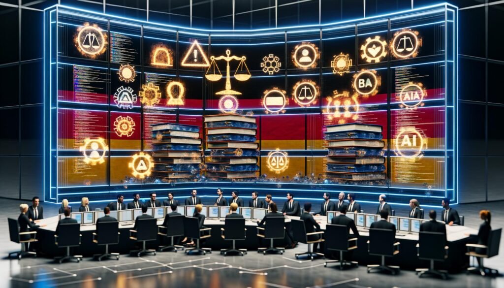 Ultramoderner Kontrollraum mit Geschäftsleuten vor Bildschirmen, darauf deutsche Flagge, Code, Schaltkreise, EU-Gesetzbücher und KI-Symbole als Sinnbild für Hightech und Rechtsvorschriften.