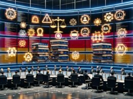 Ultramoderner Kontrollraum mit Geschäftsleuten vor Bildschirmen, darauf deutsche Flagge, Code, Schaltkreise, EU-Gesetzbücher und KI-Symbole als Sinnbild für Hightech und Rechtsvorschriften.