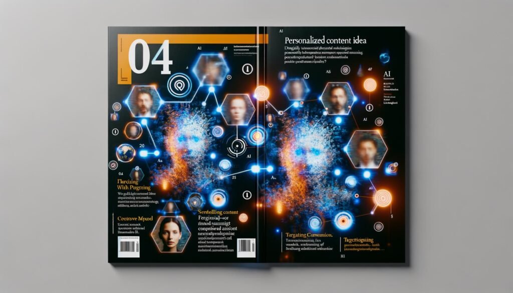 Magazin-Cover mit abstrahierten Datenlinien, modularen Content-Elementen, mehreren transparenten Portraits, KI-Symbolen und farbintensivem Blau-Orange-Design