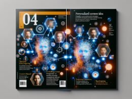Magazin-Cover mit abstrahierten Datenlinien, modularen Content-Elementen, mehreren transparenten Portraits, KI-Symbolen und farbintensivem Blau-Orange-Design