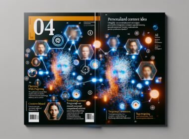 Magazin-Cover mit abstrahierten Datenlinien, modularen Content-Elementen, mehreren transparenten Portraits, KI-Symbolen und farbintensivem Blau-Orange-Design
