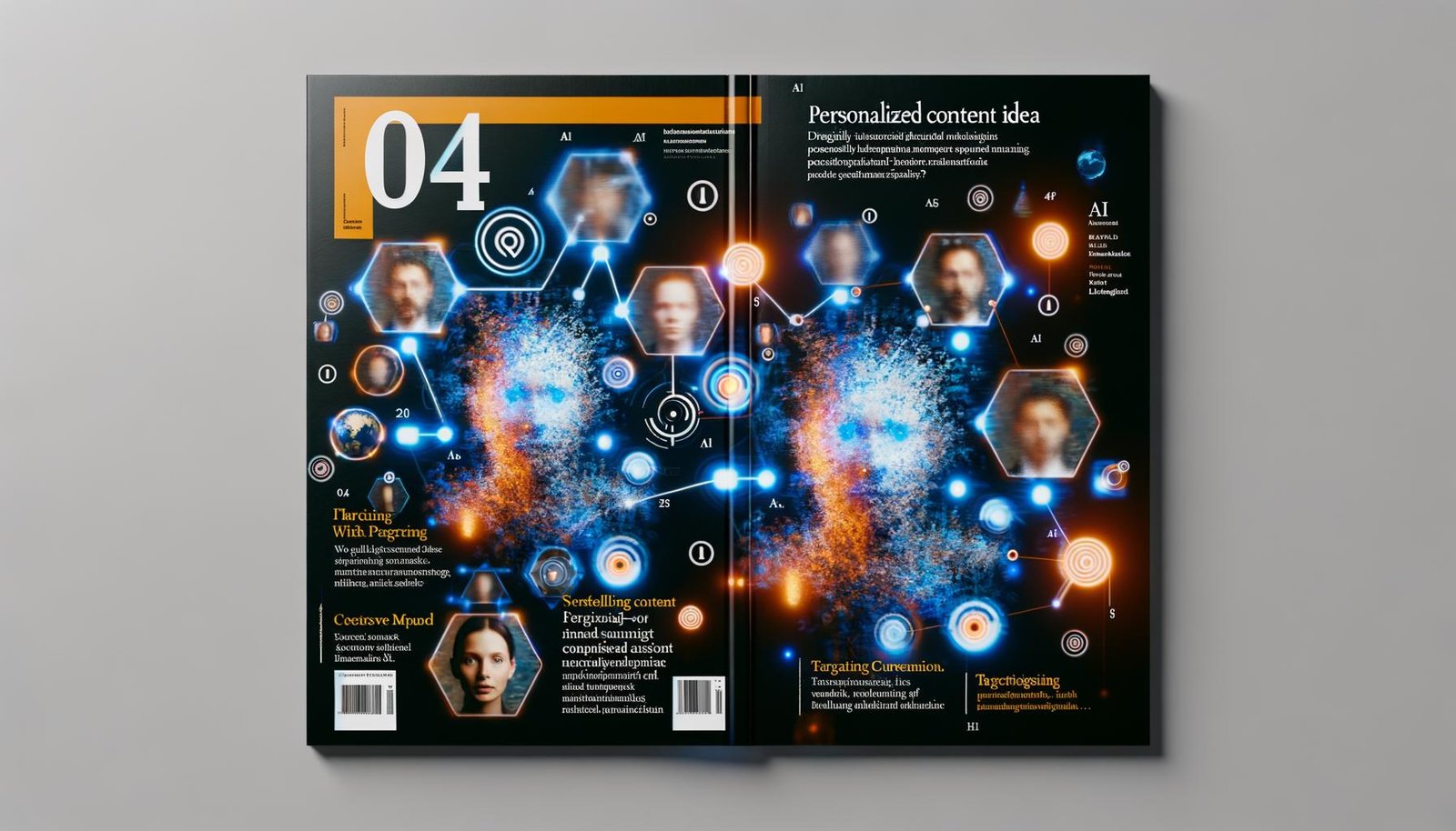 Magazin-Cover mit abstrahierten Datenlinien, modularen Content-Elementen, mehreren transparenten Portraits, KI-Symbolen und farbintensivem Blau-Orange-Design