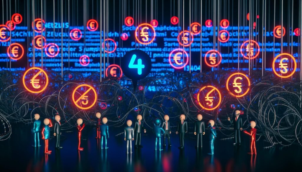 Gruppe von Menschen steht im Labyrinth aus Datenkabeln und Gesetzestexten, umgeben von Paragrafen, Warnschildern und Error-Meldungen. Im Hintergrund abgeschirmte Social-Media-Icons.