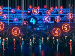 Gruppe von Menschen steht im Labyrinth aus Datenkabeln und Gesetzestexten, umgeben von Paragrafen, Warnschildern und Error-Meldungen. Im Hintergrund abgeschirmte Social-Media-Icons.