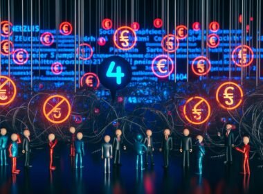 Gruppe von Menschen steht im Labyrinth aus Datenkabeln und Gesetzestexten, umgeben von Paragrafen, Warnschildern und Error-Meldungen. Im Hintergrund abgeschirmte Social-Media-Icons.