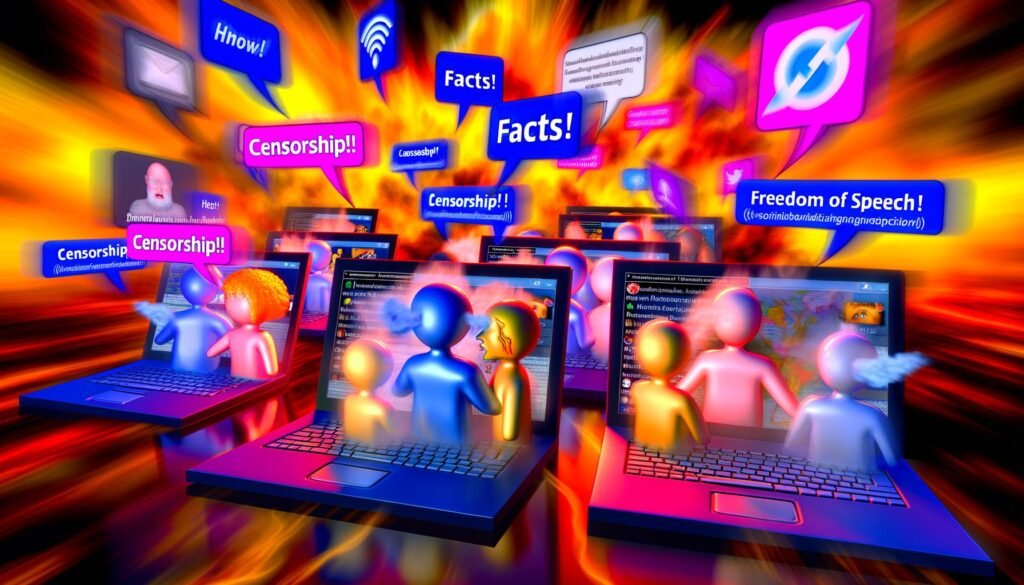 Illustration einer hitzigen Online-Debatte mit Avataren, Chatblasen mit Ausrufen und angedeuteten Social-Media-Logos im Hintergrund.