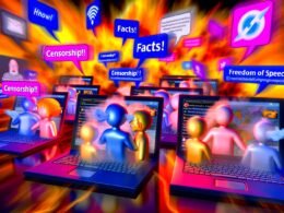 Illustration einer hitzigen Online-Debatte mit Avataren, Chatblasen mit Ausrufen und angedeuteten Social-Media-Logos im Hintergrund.