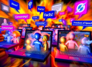 Illustration einer hitzigen Online-Debatte mit Avataren, Chatblasen mit Ausrufen und angedeuteten Social-Media-Logos im Hintergrund.