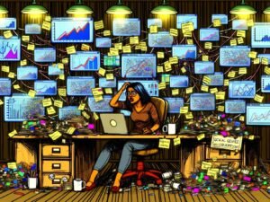 Gestresster Marketingexperte an einem chaotischen Arbeitsplatz mit Monitoren, die zahlreiche Vanity Metrics wie Impressions, Likes und Shares anzeigen, umringt von Reports, Notizen und technischen Geräten.