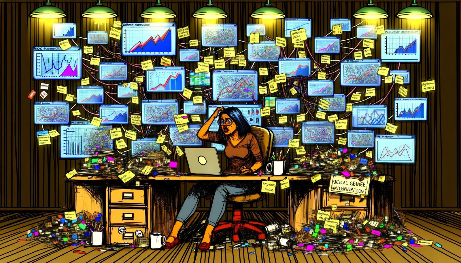 Gestresster Marketingexperte an einem chaotischen Arbeitsplatz mit Monitoren, die zahlreiche Vanity Metrics wie Impressions, Likes und Shares anzeigen, umringt von Reports, Notizen und technischen Geräten.