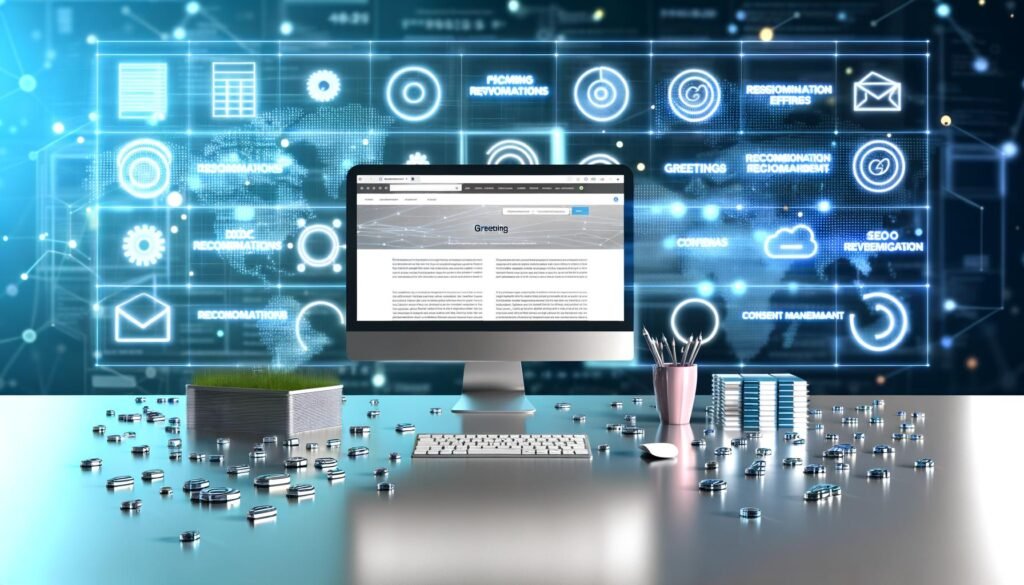 Illustration eines modernen digitalen Schreibtischs mit Laptop, dynamischen Website-Elementen, Content-Blöcken, Datenströmen und Symbolen für moderne Content-Tools.