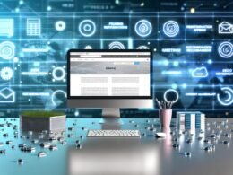 Illustration eines modernen digitalen Schreibtischs mit Laptop, dynamischen Website-Elementen, Content-Blöcken, Datenströmen und Symbolen für moderne Content-Tools.