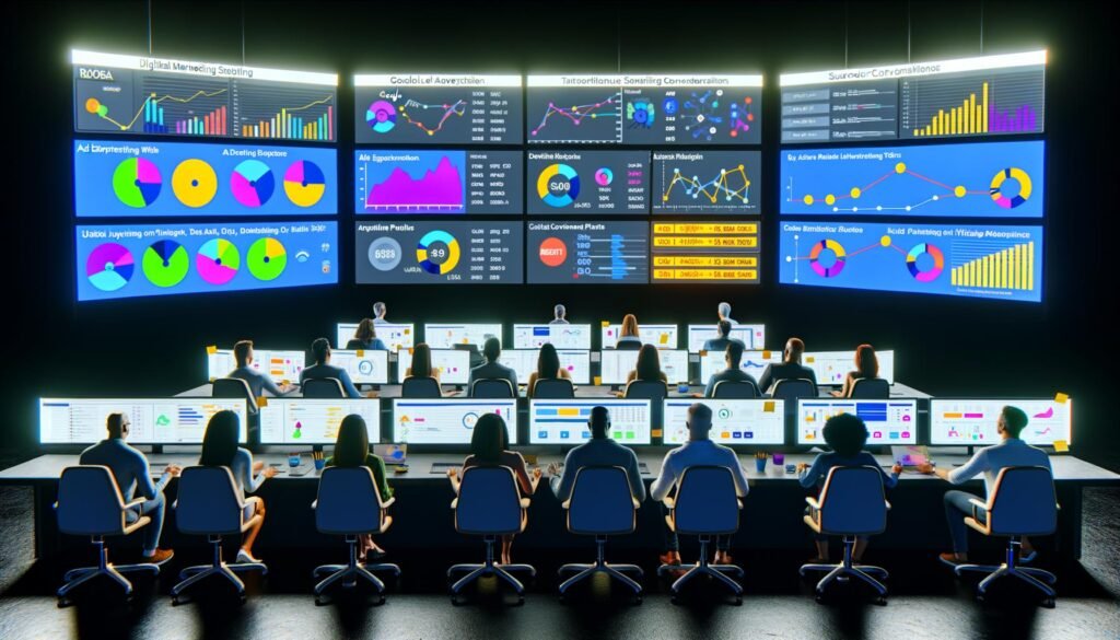 Digital Marketing War Room mit Dashboards zu Kampagnendaten, Team bei Datenanalyse, Karten-Visualisierung der Nutzerreisen über verschiedene Werbeplattformen.