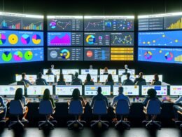 Digital Marketing War Room mit Dashboards zu Kampagnendaten, Team bei Datenanalyse, Karten-Visualisierung der Nutzerreisen über verschiedene Werbeplattformen.