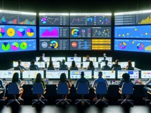 Digital Marketing War Room mit Dashboards zu Kampagnendaten, Team bei Datenanalyse, Karten-Visualisierung der Nutzerreisen über verschiedene Werbeplattformen.