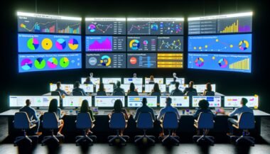 Digital Marketing War Room mit Dashboards zu Kampagnendaten, Team bei Datenanalyse, Karten-Visualisierung der Nutzerreisen über verschiedene Werbeplattformen.