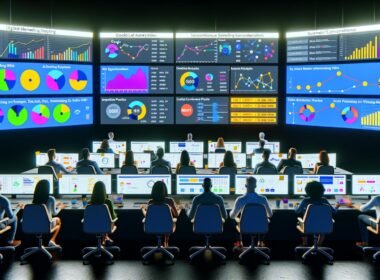 Digital Marketing War Room mit Dashboards zu Kampagnendaten, Team bei Datenanalyse, Karten-Visualisierung der Nutzerreisen über verschiedene Werbeplattformen.