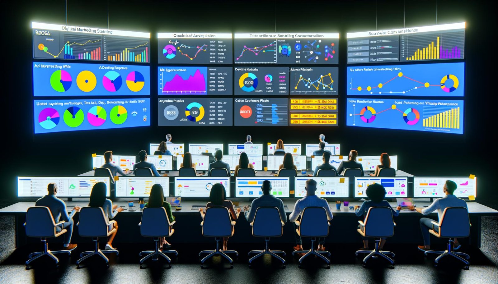 Digital Marketing War Room mit Dashboards zu Kampagnendaten, Team bei Datenanalyse, Karten-Visualisierung der Nutzerreisen über verschiedene Werbeplattformen.