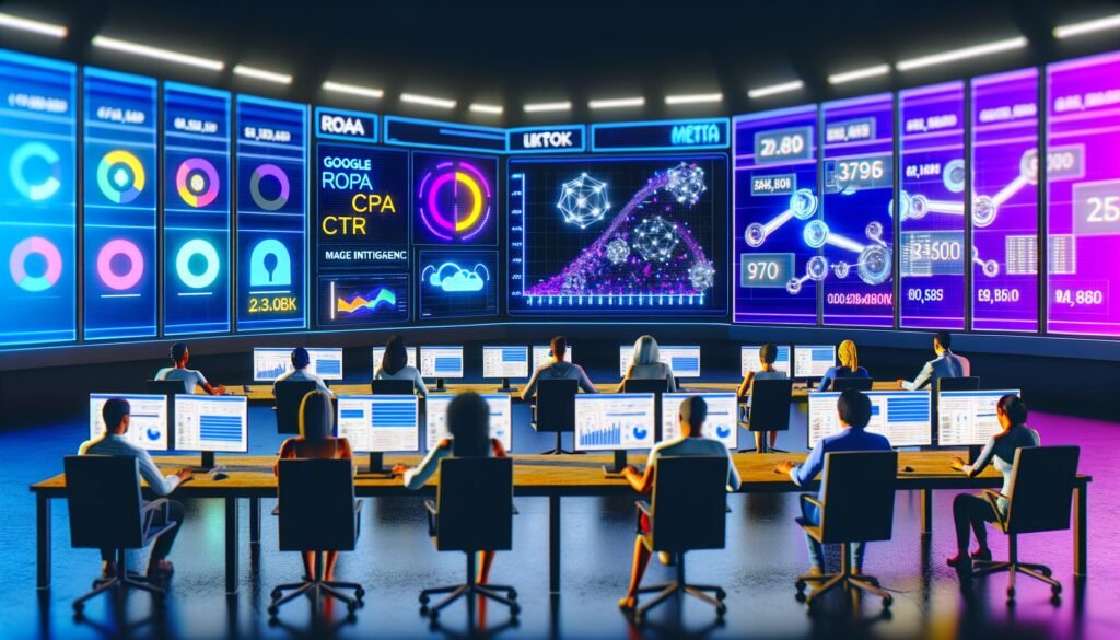 Menschen verschiedener Herkunft arbeiten an Bildschirmen in einem modernen Control-Center mit großem Dashboard, Diagrammen, KPIs und integrierten Ad-Plattformen, umgeben von dezenten KI-Elementen.