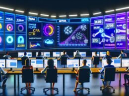 Menschen verschiedener Herkunft arbeiten an Bildschirmen in einem modernen Control-Center mit großem Dashboard, Diagrammen, KPIs und integrierten Ad-Plattformen, umgeben von dezenten KI-Elementen.