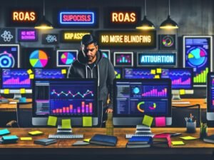 Marketer in Hoodie in einem modernen Workspace, umgeben von Computerbildschirmen mit bunten Performance-Dashboards, Sticky Notes, Analytics-Büchern und Neon-Schildern mit Datenbegriffen.