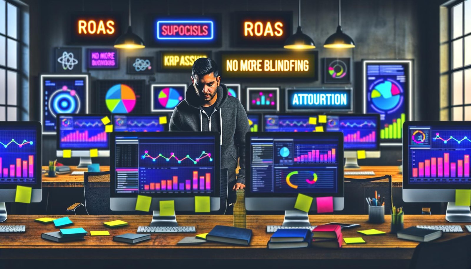 Marketer in Hoodie in einem modernen Workspace, umgeben von Computerbildschirmen mit bunten Performance-Dashboards, Sticky Notes, Analytics-Büchern und Neon-Schildern mit Datenbegriffen.