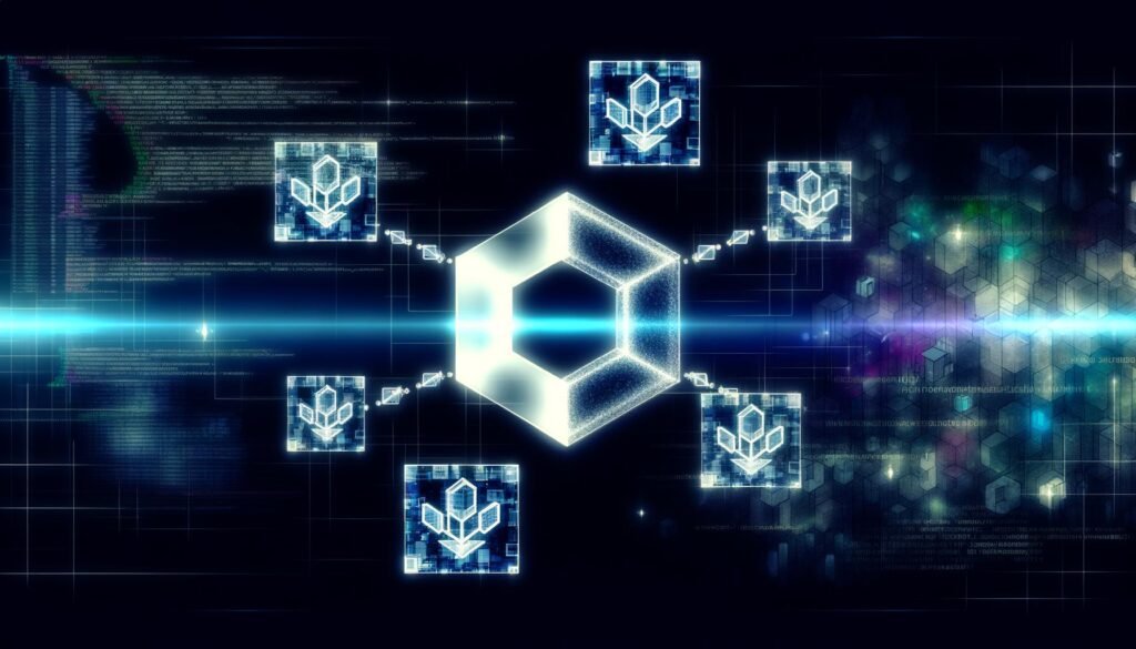 Digitale Collage mit Directus-Logo, das sich in leuchtende Blockchain-Cubes verwandelt, umgeben von IPFS-, MetaMask-Icons, Wallet-Verbindungen und Code-Schnipseln vor dunklem Hintergrund.