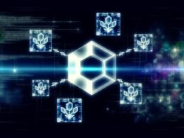 Digitale Collage mit Directus-Logo, das sich in leuchtende Blockchain-Cubes verwandelt, umgeben von IPFS-, MetaMask-Icons, Wallet-Verbindungen und Code-Schnipseln vor dunklem Hintergrund.