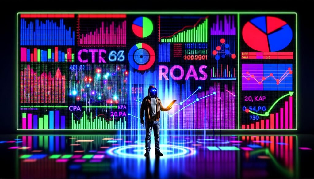 Digitaler Marketer vor überdimensionaler LED-Wand mit bunten Charts, Balkendiagrammen, KPI-Zahlen und futuristischen Begriffen, inmitten eines cyberspaceartigen Daten-Dschungels.