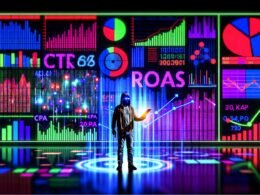 Digitaler Marketer vor überdimensionaler LED-Wand mit bunten Charts, Balkendiagrammen, KPI-Zahlen und futuristischen Begriffen, inmitten eines cyberspaceartigen Daten-Dschungels.