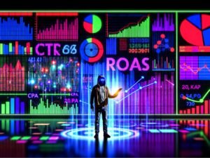 Digitaler Marketer vor überdimensionaler LED-Wand mit bunten Charts, Balkendiagrammen, KPI-Zahlen und futuristischen Begriffen, inmitten eines cyberspaceartigen Daten-Dschungels.