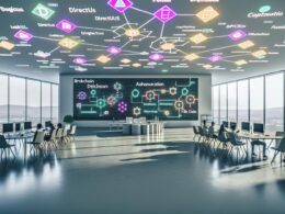 Technisch detaillierter, futuristischer Büroraum mit diversen Entwicklern, die an leuchtenden Bildschirmen Web3-Workflows, Blockchain-Strukturen, Wallet-Authentifizierung und dezentrale Speicherlösungen visualisieren.