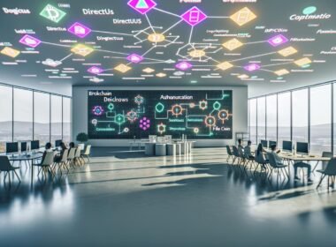 Technisch detaillierter, futuristischer Büroraum mit diversen Entwicklern, die an leuchtenden Bildschirmen Web3-Workflows, Blockchain-Strukturen, Wallet-Authentifizierung und dezentrale Speicherlösungen visualisieren.