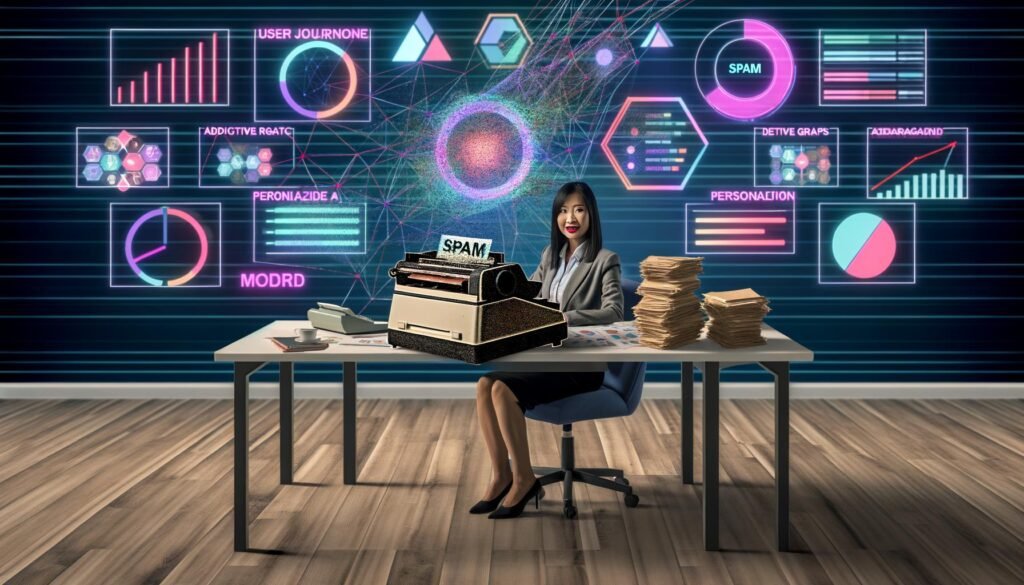 Arbeitsplatz eines modernen Marketers mit mehreren Monitoren, digitalen Analyse-Tools und kreativen Inhalten, kontrastiert von einem alten Faxgerät mit Spinnweben und moderner Personaliserungstechnologie.